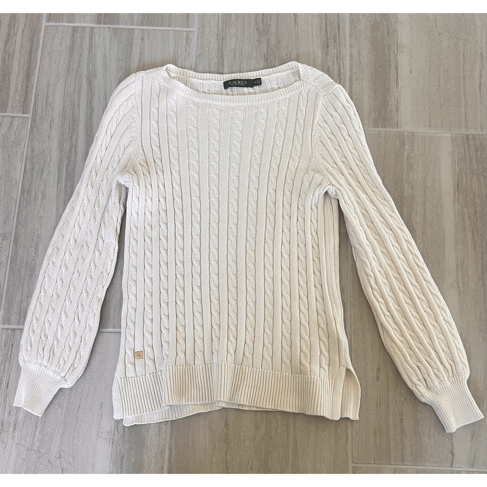 Lauren Ralph Lauren Cable Knit Crew Neck Sweater Women's Size M Ivory